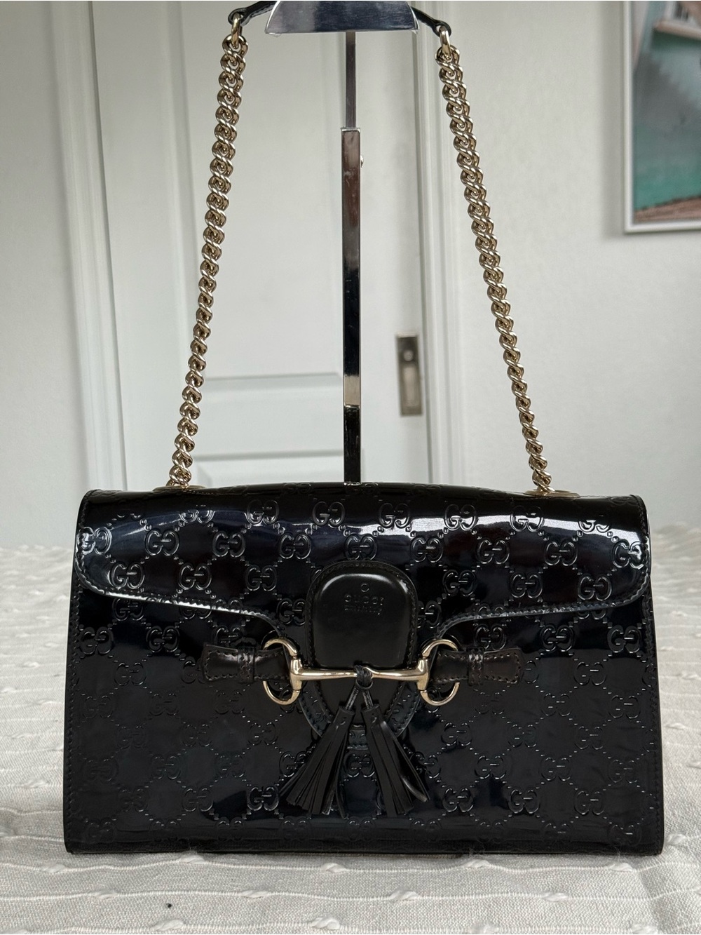 Gucci Black Patent Leather Chain Shoulder Bag with Gold Chain